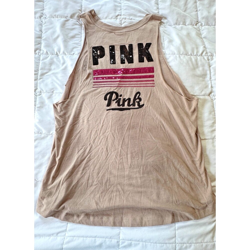 Victoria’s Secret PINK Sequin Muscle Tank Top L Taupe Lavender Rain Y2K Bling